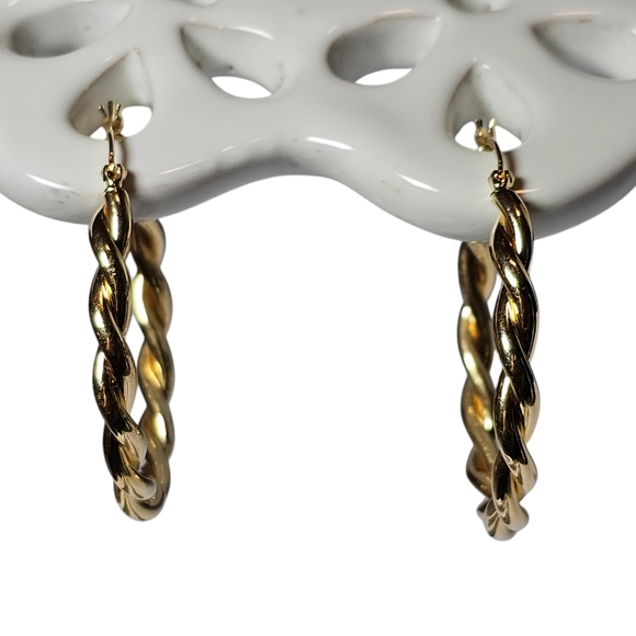 Vintage 14k Gold Twisted Rope Hoop Earrings 40mm - Picture 6 of 16
